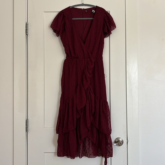 NWT Lulus Have Harmony Burgundy Swiss Dot Ruffled Faux Wrap Midi Dress - Picture 7 of 9